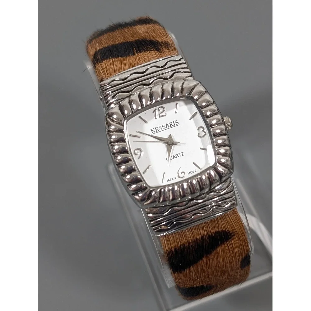Kessaris‎ Watch Animal Print Faux Fur Cuff Brown Black Hinge Bracelet 6.5